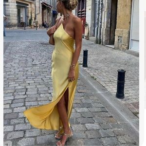 Gold satin slip dress
